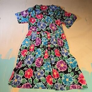 Aria‎ M Floral Dress Black Bright Cotton Multicolor Garden Button 90s Midi Komar